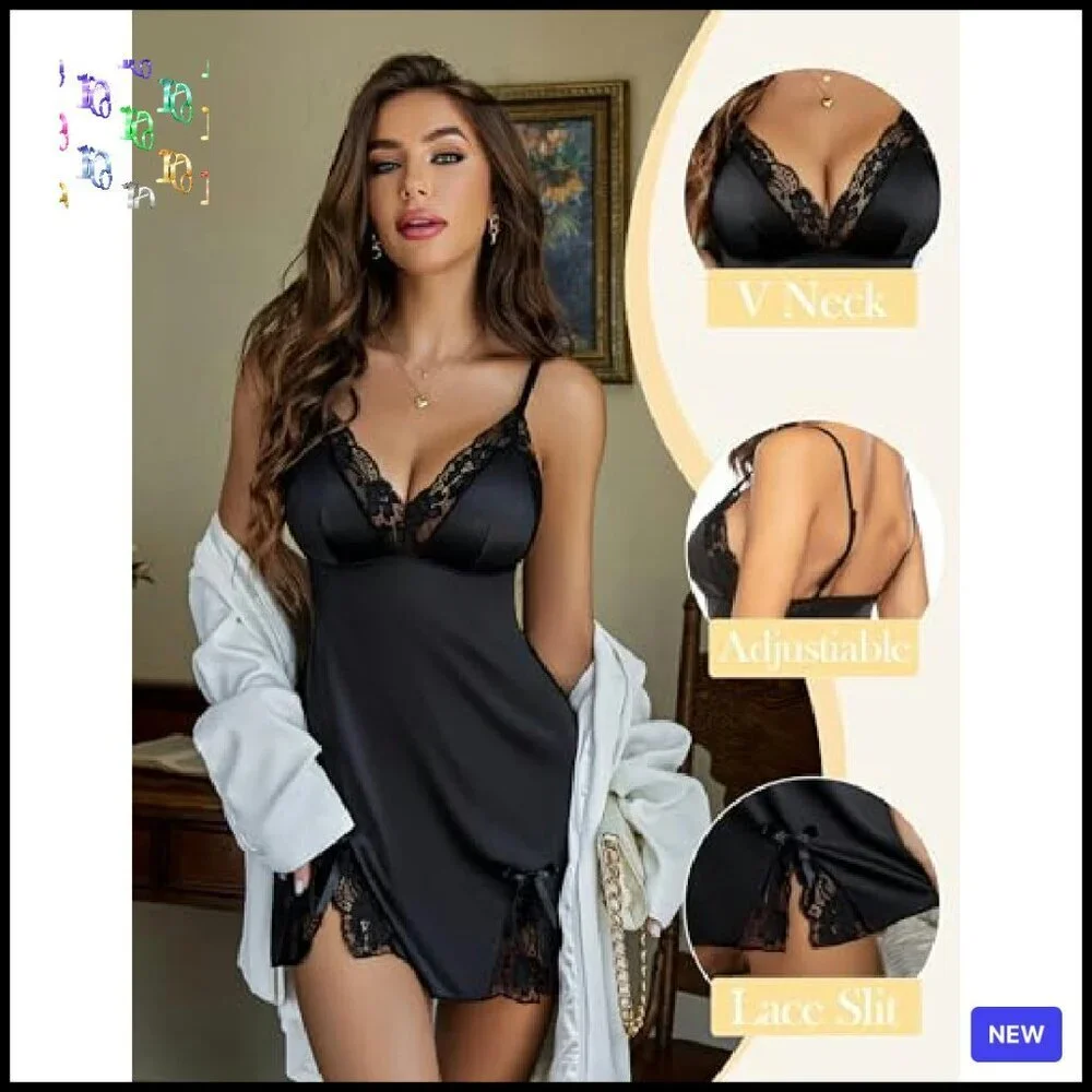 Satin Lace Mini Dress Elegant Chic Nightgown Adjustable Straps V Neck